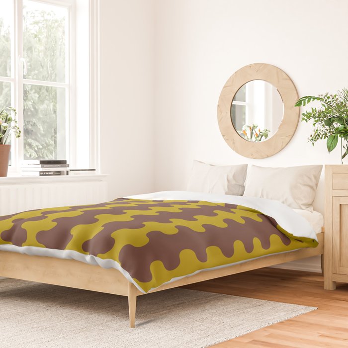 Retro Stripes Wavy Ogee A-Go-Go Vertical Pattern in Dark Brown and Chartreuse Olive Yellow Duvet Cover Gallery Image 2