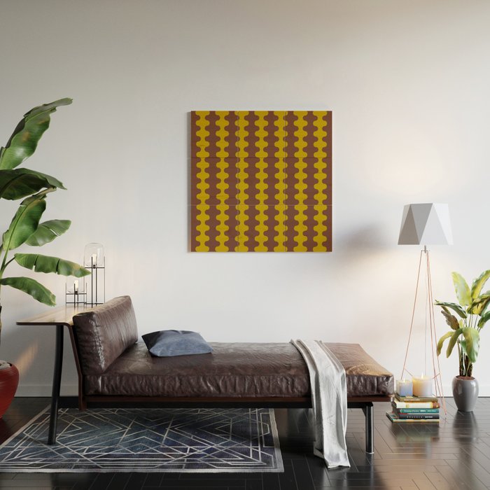 Retro Stripes Wavy Ogee A-Go-Go Vertical Pattern in Dark Brown and Chartreuse Olive Yellow Wood Wall Art Gallery Image 2