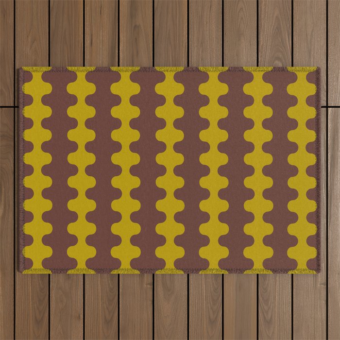 Retro Stripes Wavy Ogee A-Go-Go Vertical Pattern in Dark Brown and Chartreuse Olive Yellow Outdoor Rug Gallery Image 1