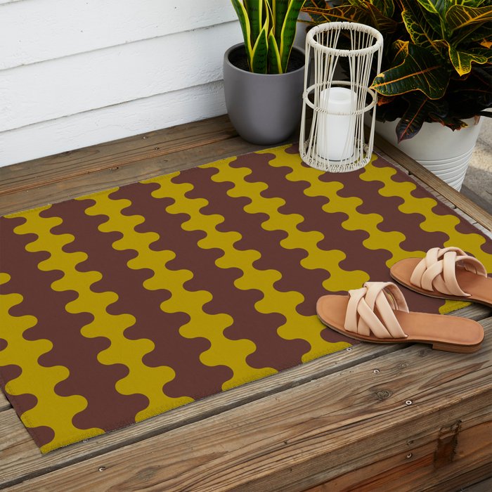 Retro Stripes Wavy Ogee A-Go-Go Vertical Pattern in Dark Brown and Chartreuse Olive Yellow Outdoor Rug Gallery Image 2