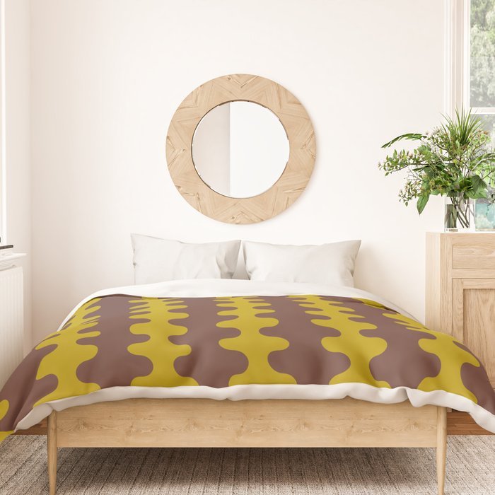 Retro Stripes Wavy Ogee A-Go-Go Vertical Pattern in Dark Brown and Chartreuse Olive Yellow Duvet Cover Gallery Image 3