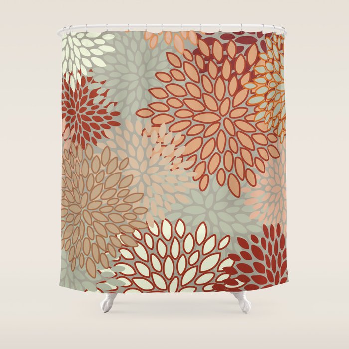 Festive, Floral Prints, Green, Terracotta, Red, Coloured Prints Shower Curtain Gallery Image 1