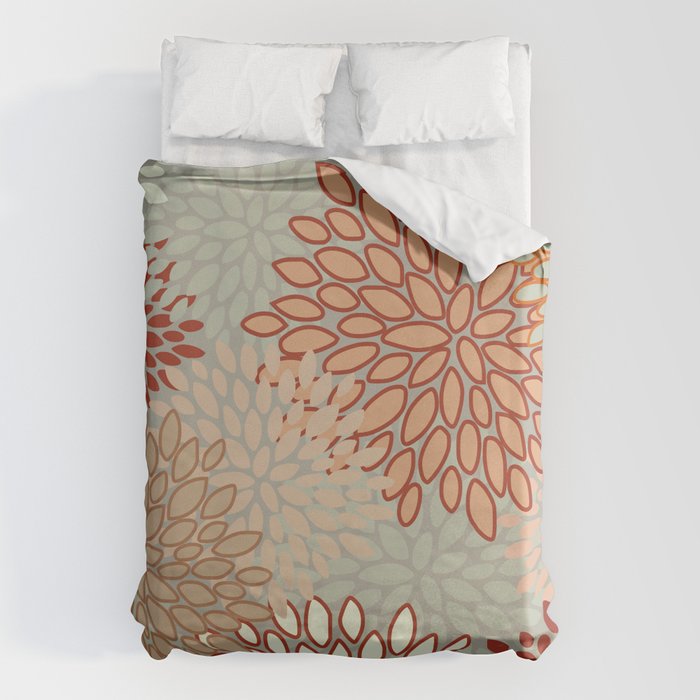 Festive, Floral Prints, Green, Terracotta, Red, Coloured Prints Duvet Cover Gallery Image 6