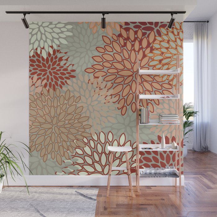 Festive, Floral Prints, Green, Terracotta, Red, Coloured Prints Wall Mural Gallery Image 1