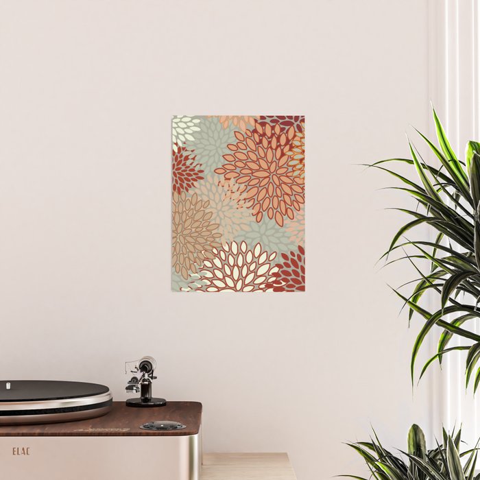 Festive, Floral Prints, Green, Terracotta, Red, Coloured Prints Poster Gallery Image 2