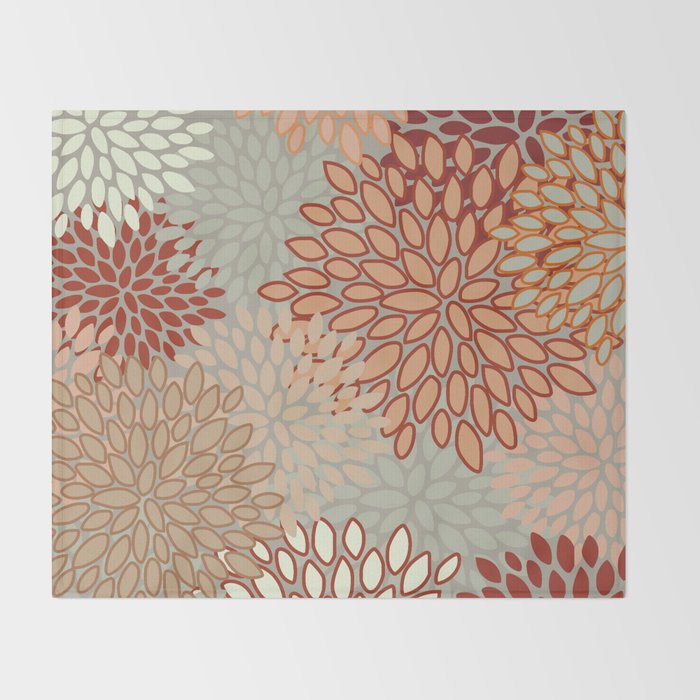 Festive, Floral Prints, Green, Terracotta, Red, Coloured Prints Throw Blanket Gallery Image 2