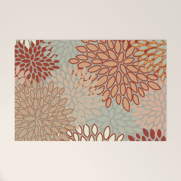 Festive, Floral Prints, Green, Terracotta, Red, Coloured Prints Welcome Mat Gallery Image 1