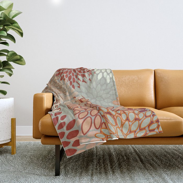 Festive, Floral Prints, Green, Terracotta, Red, Coloured Prints Throw Blanket Gallery Image 1