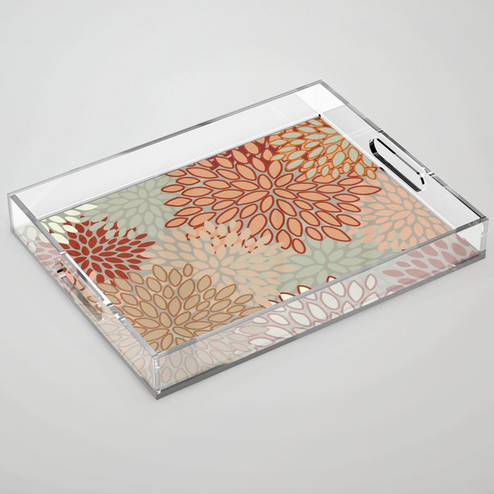 Festive, Floral Prints, Green, Terracotta, Red, Coloured Prints Acrylic Tray Gallery Image 1