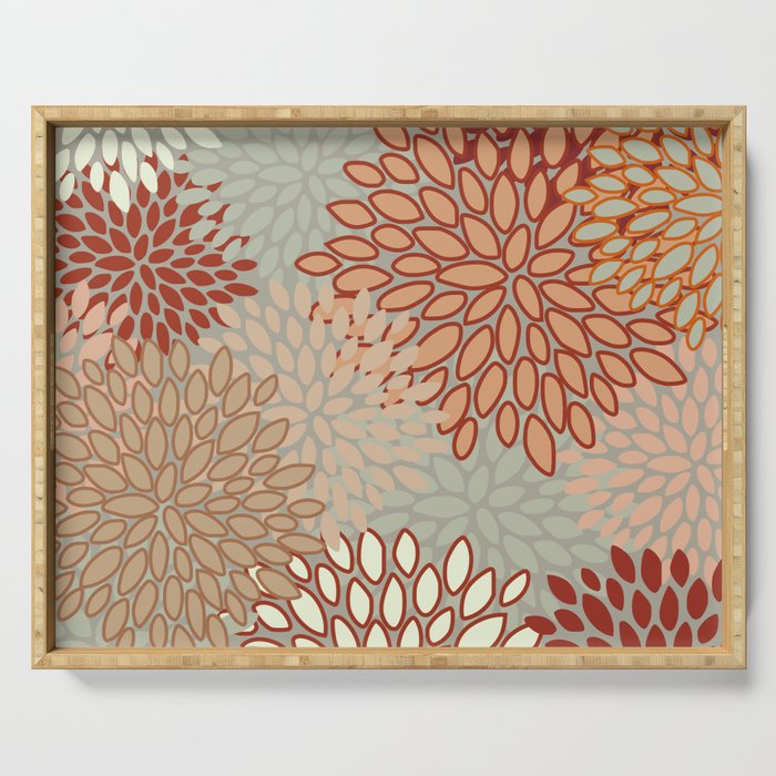 Festive, Floral Prints, Green, Terracotta, Red, Coloured Prints Serving Tray Gallery Image 1