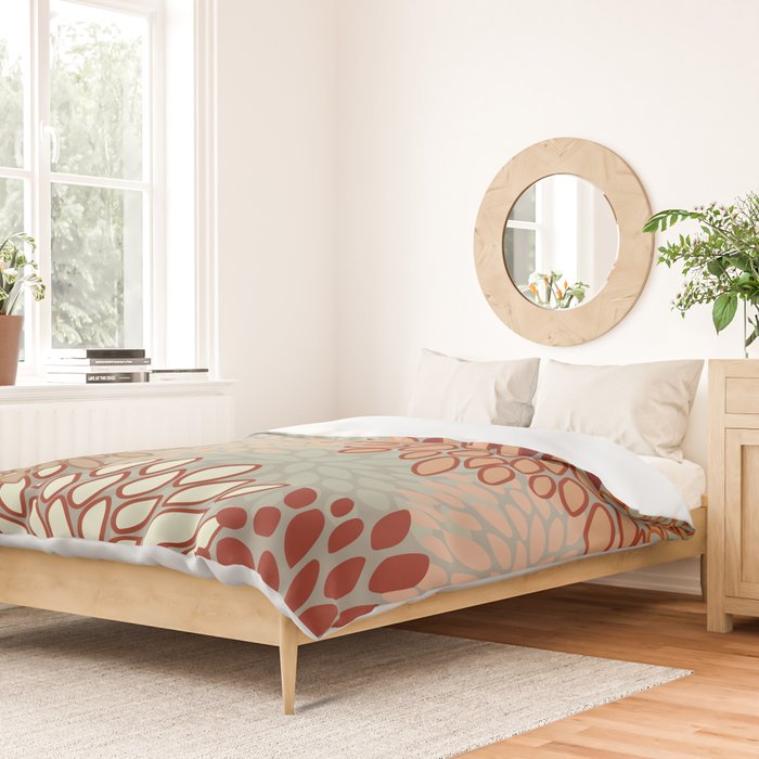 Festive, Floral Prints, Green, Terracotta, Red, Coloured Prints Duvet Cover Gallery Image 2