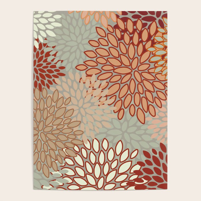 Festive, Floral Prints, Green, Terracotta, Red, Coloured Prints Poster Gallery Image 1