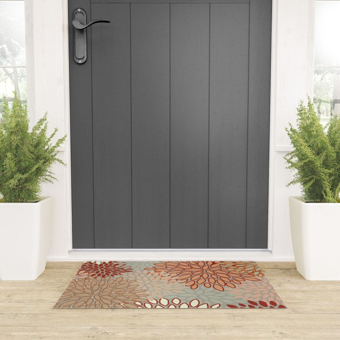 Festive, Floral Prints, Green, Terracotta, Red, Coloured Prints Welcome Mat Gallery Image 3