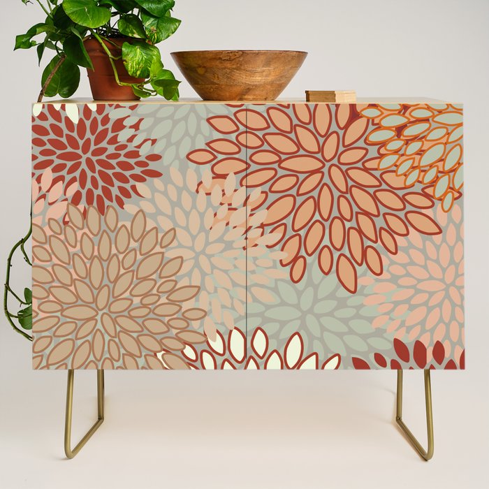 Festive, Floral Prints, Green, Terracotta, Red, Coloured Prints Credenza Gallery Image 1