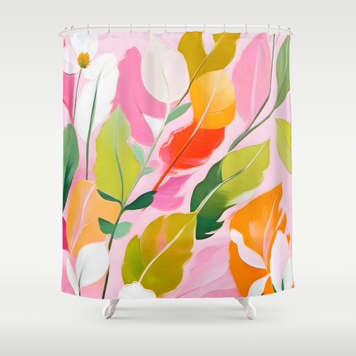 Pastelchio, Pastel Floral Botanical Spring, Flowers Blush Blossom Pink Garden Painting, Bohemian Chic Subdued Nature Plants Shower Curtain Gallery Image 1