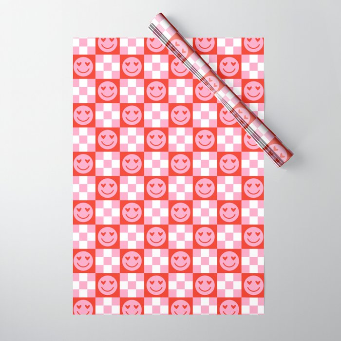 Retro love heart face checkered pattern Wrapping Paper Gallery Image 1