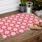 Retro love heart face checkered pattern Outdoor Rug Gallery Image 2