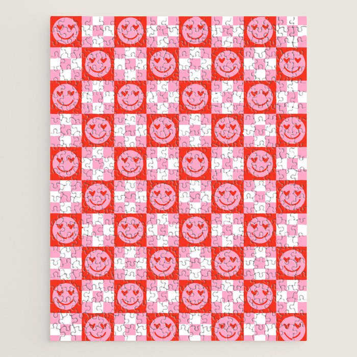 Retro love heart face checkered pattern Jigsaw Puzzle Gallery Image 1
