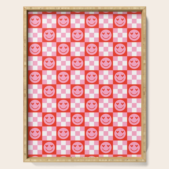 Retro love heart face checkered pattern Serving Tray Gallery Image 1