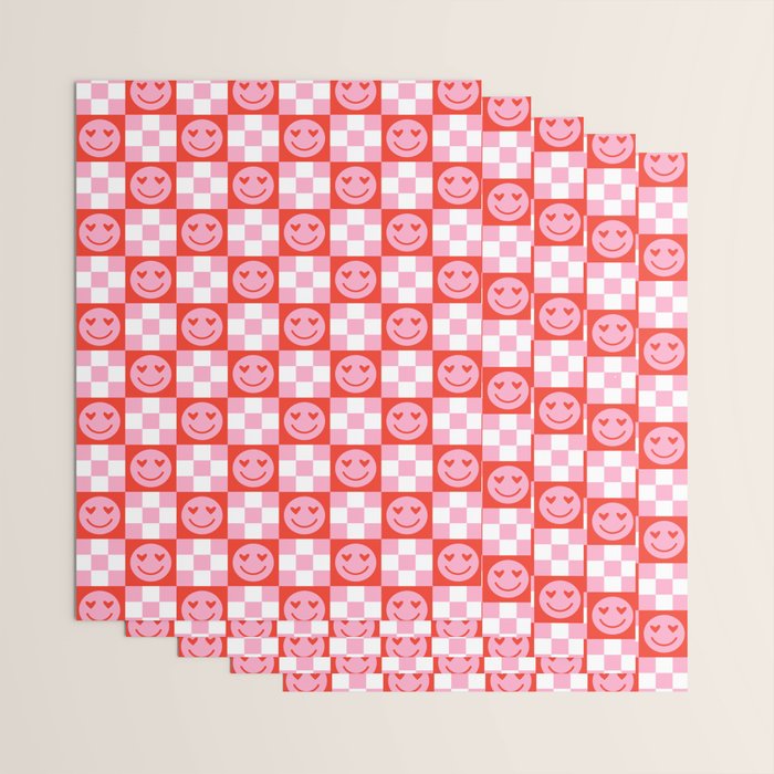 Retro love heart face checkered pattern Wrapping Paper Gallery Image 3