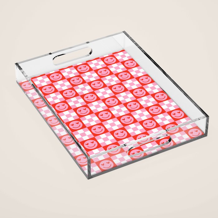 Retro love heart face checkered pattern Acrylic Tray Gallery Image 1