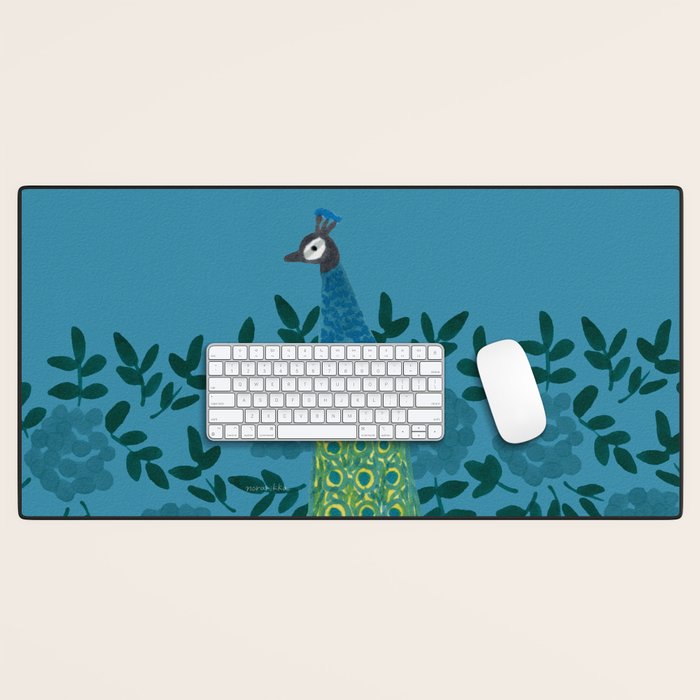 Peacock and Flower - Teal and Blue Desk Mat Gallery Image 1
