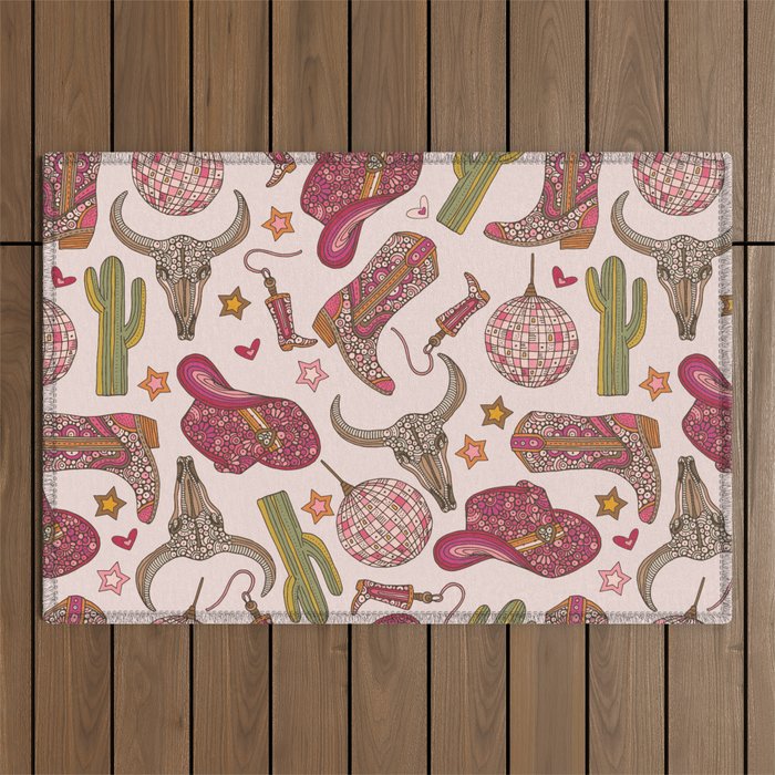 Western Disco Dreams , Cowgirl Pattern Outdoor Rug Gallery Image 1
