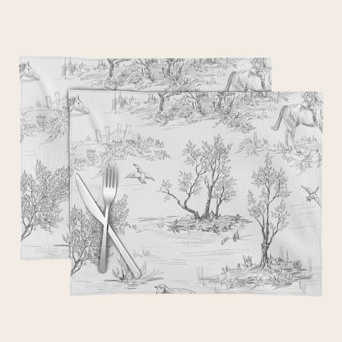 Toile de Jouy Vintage French Black & White Pattern Placemat Gallery Image 1