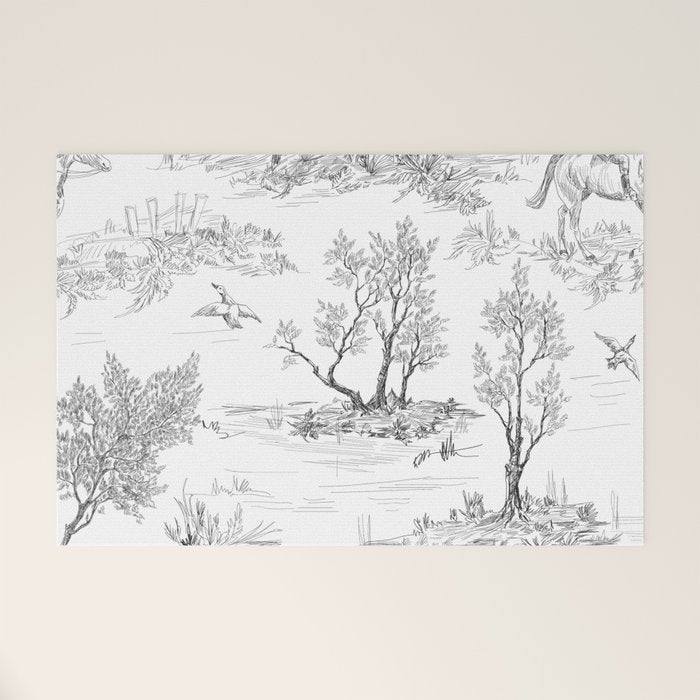 Toile de Jouy Vintage French Black & White Pattern Welcome Mat Gallery Image 1