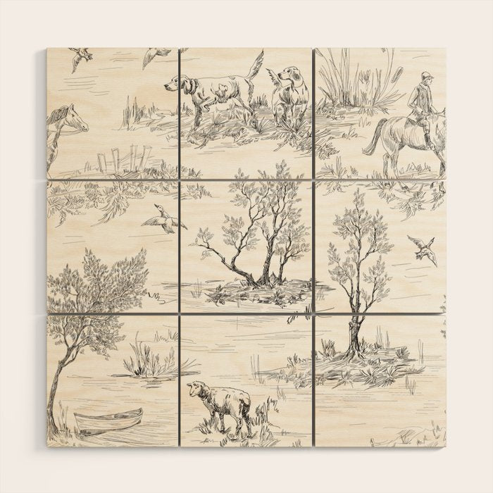 Toile de Jouy Vintage French Black & White Pattern Wood Wall Art Gallery Image 1