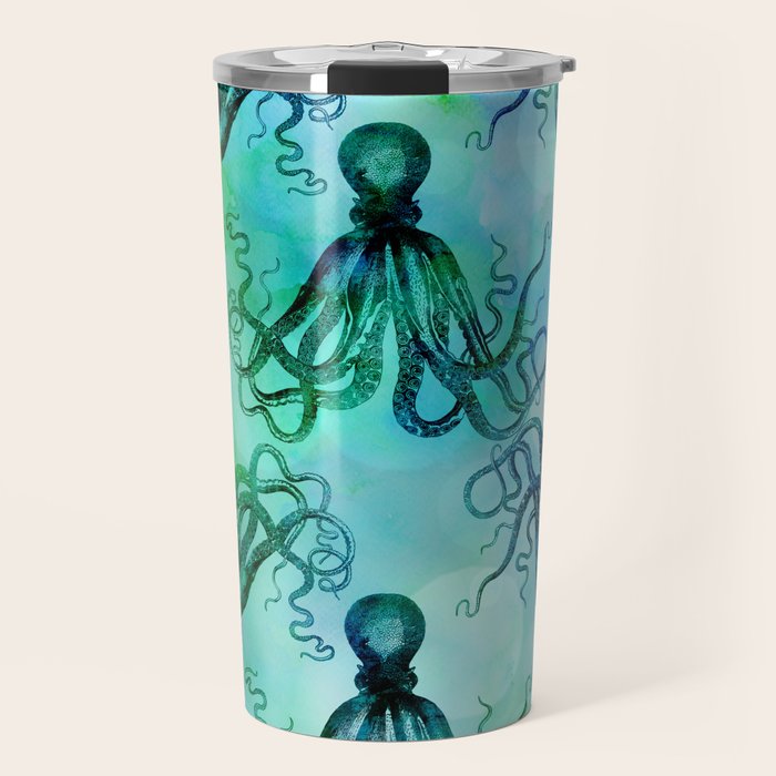 Octopus blue green mixed media underwater artwork Travel Mug Gallery Image 1