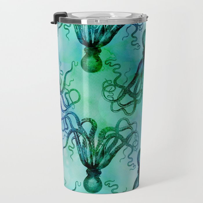 Octopus blue green mixed media underwater artwork Travel Mug Gallery Image 3