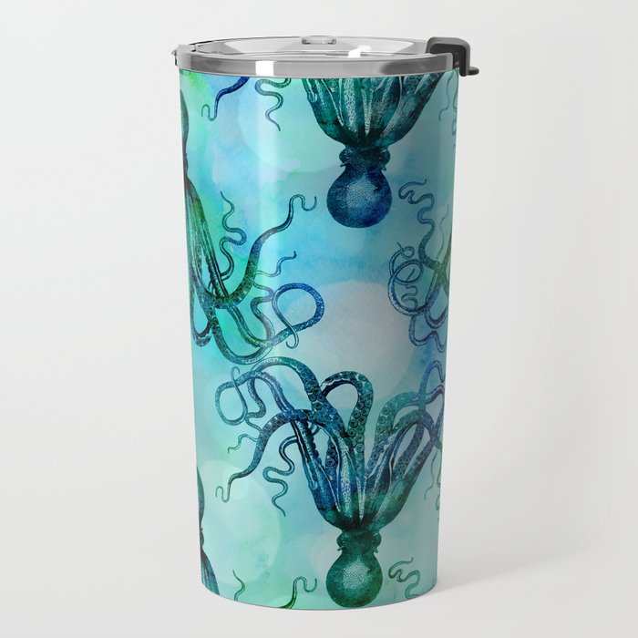 Octopus blue green mixed media underwater artwork Travel Mug Gallery Image 2