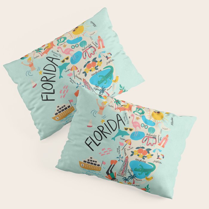 Florida State Beach Map Pillow Sham Gallery Image 1