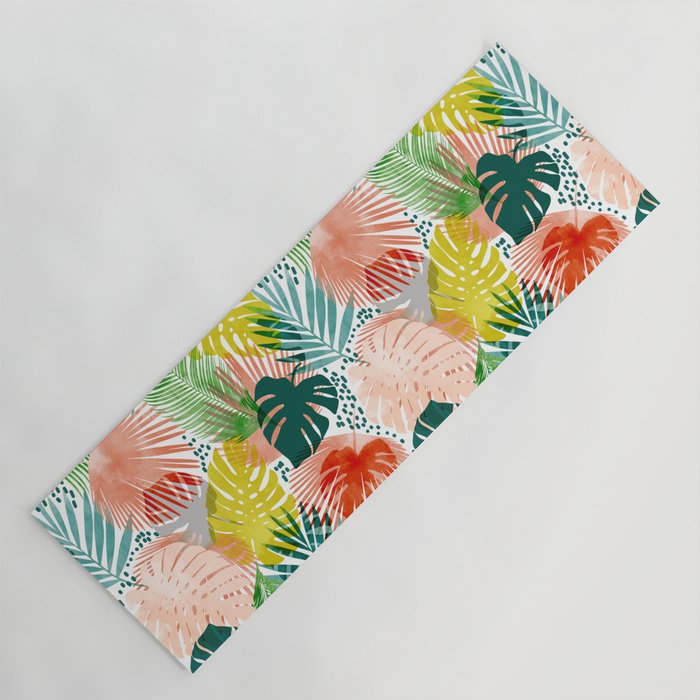 Tropical Garden, Botanical Colorful Jungle Watercolor Painting, Monstera Palm Nature Blush Bohemian Yoga Mat Gallery Image 1