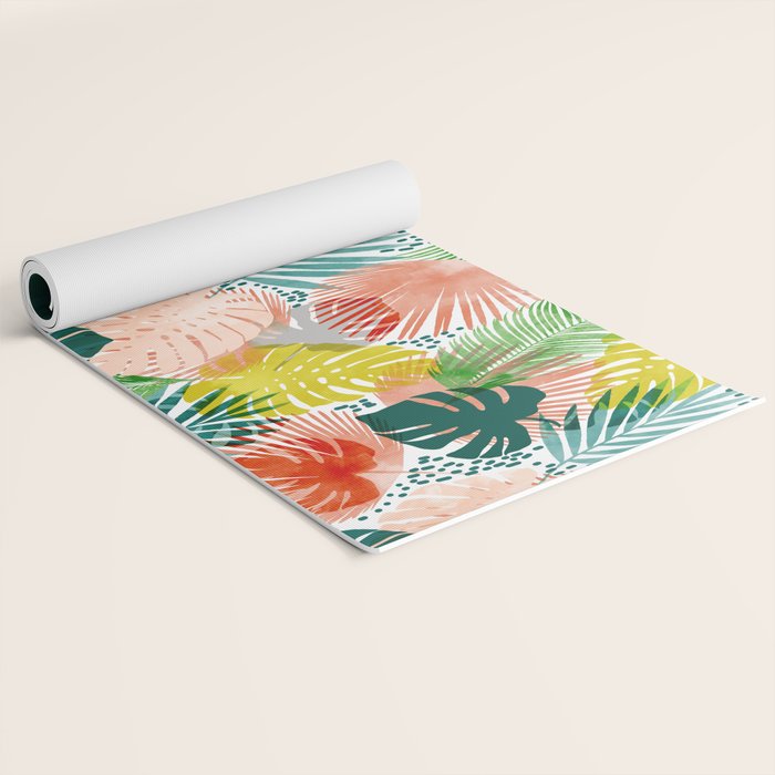 Tropical Garden, Botanical Colorful Jungle Watercolor Painting, Monstera Palm Nature Blush Bohemian Yoga Mat Gallery Image 2