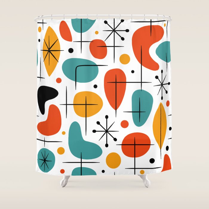 Retro Mid Century Modern Atomic Starburst Pattern Shower Curtain Gallery Image 1