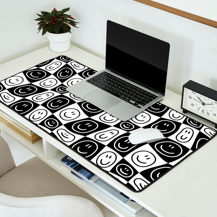 Black and white happy face checkered pattern Desk Mat Gallery Image 2