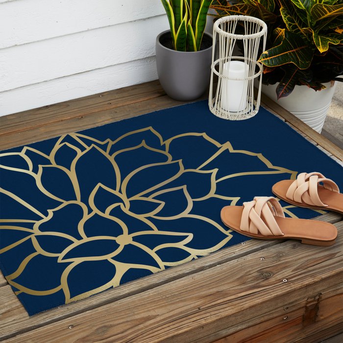 Gold and Navy Flower Outdoor Rug Gallery Image 2