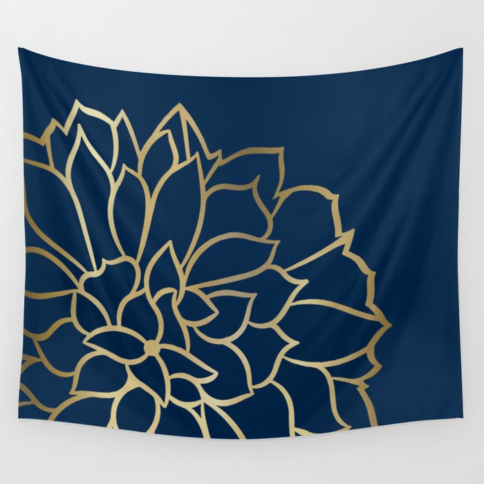 Gold and Navy Flower Wall Tapestry Gallery Image 1