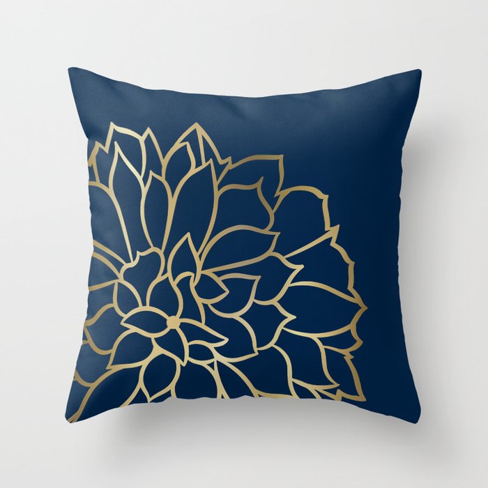 Gold and Navy Flower Throw Pillow Gallery Image 1