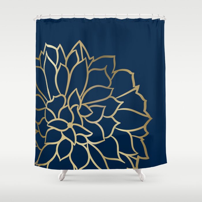 Gold and Navy Flower Shower Curtain Gallery Image 1