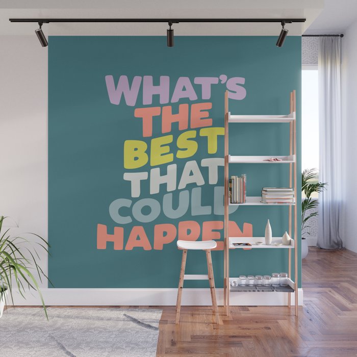 Whats The Best That Could Happen typography print in green, lilac, orange and yellow Wall Mural Gallery Image 1