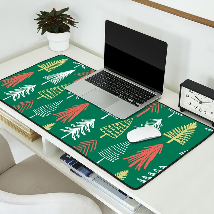 Green christmas pine tree doodle pattern Desk Mat Gallery Image 2
