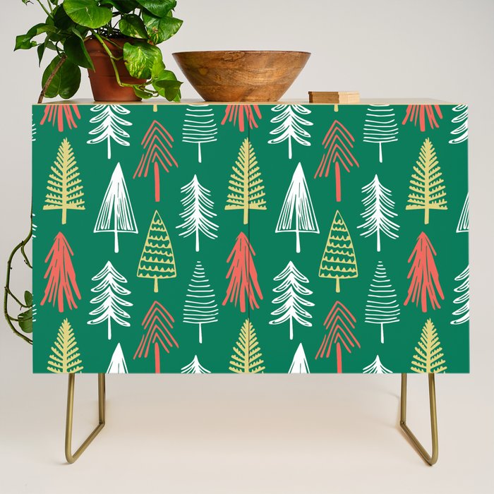 Green christmas pine tree doodle pattern Credenza Gallery Image 1