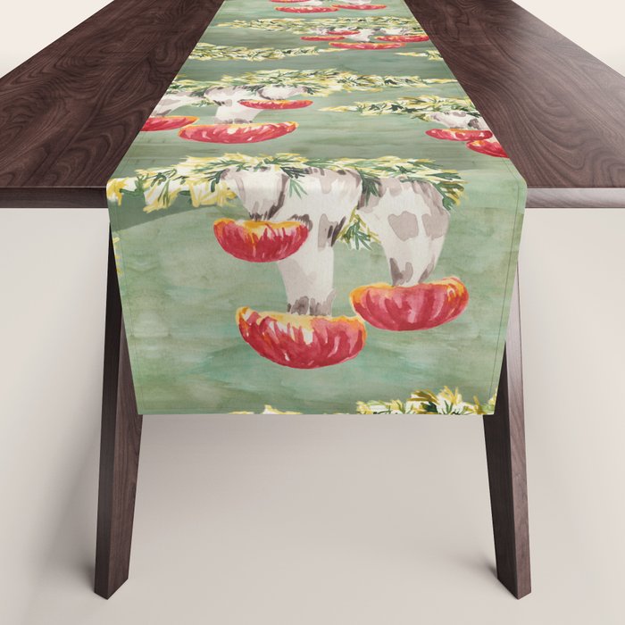 Watercolor moss and mushroom mosaic pattern Table Runner Gallery Image 1