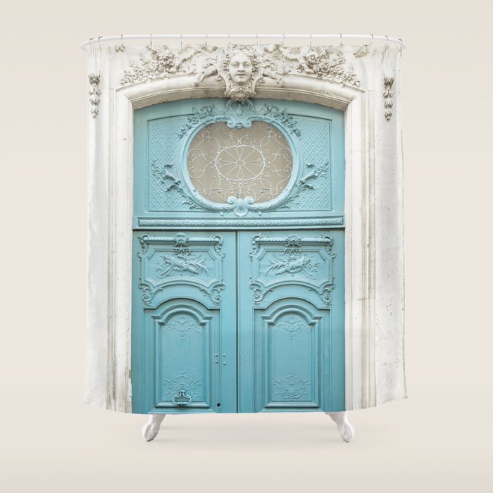 Blue Paris Door - Architecture Photograph, Travel Photography Shower Curtain Gallery Image 1
