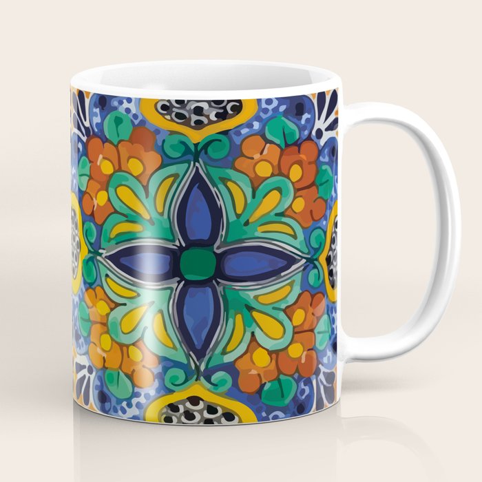 Maximalist leaves mexican flowers talavera pottery blue azulejo tile Coffee Mug Gallery Image 1