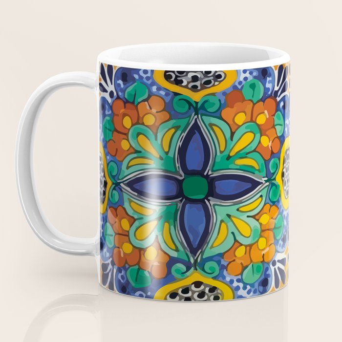 Maximalist leaves mexican flowers talavera pottery blue azulejo tile Coffee Mug Gallery Image 3