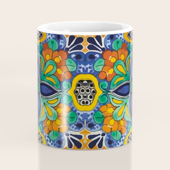 Maximalist leaves mexican flowers talavera pottery blue azulejo tile Coffee Mug Gallery Image 4
